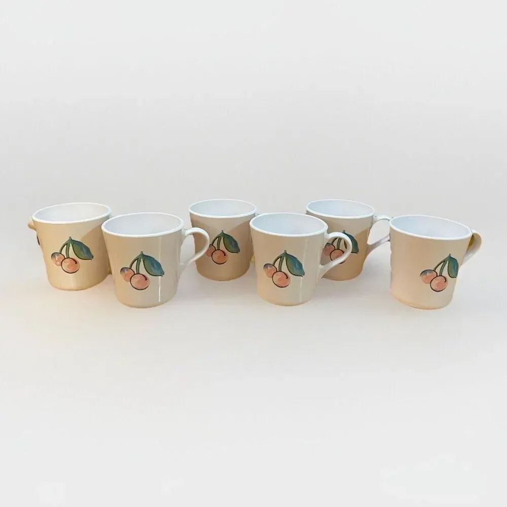 Corelle Fruit Basket Mugs Set 6 Apples Cherries White Coffee Cups Vintage Tea